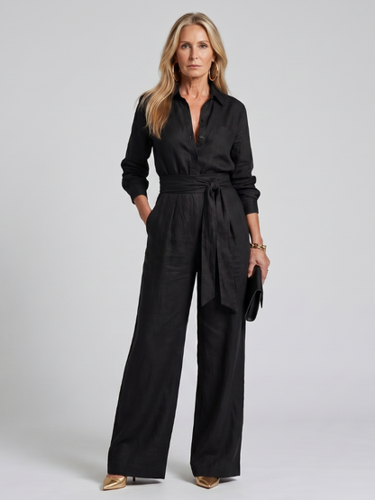 Jovie | Long Sleeve Button Front Wide Leg Jumpsuit