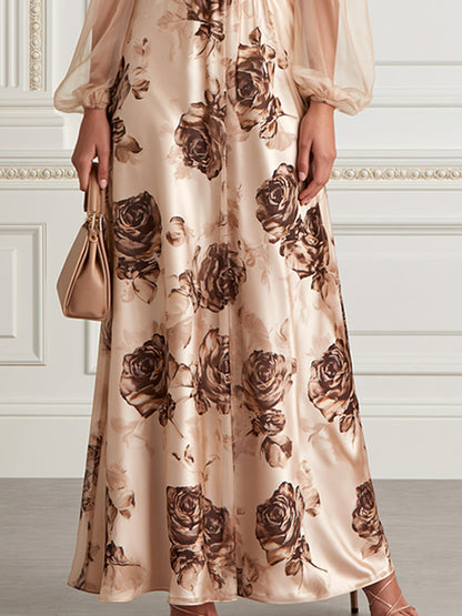 Beige Floral Satin & Tulle Long-Sleeve Evening Gown