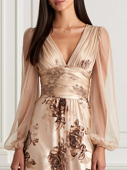 Beige Floral Satin & Tulle Long-Sleeve Evening Gown