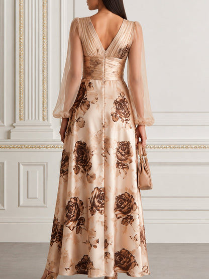 Beige Floral Satin & Tulle Long-Sleeve Evening Gown