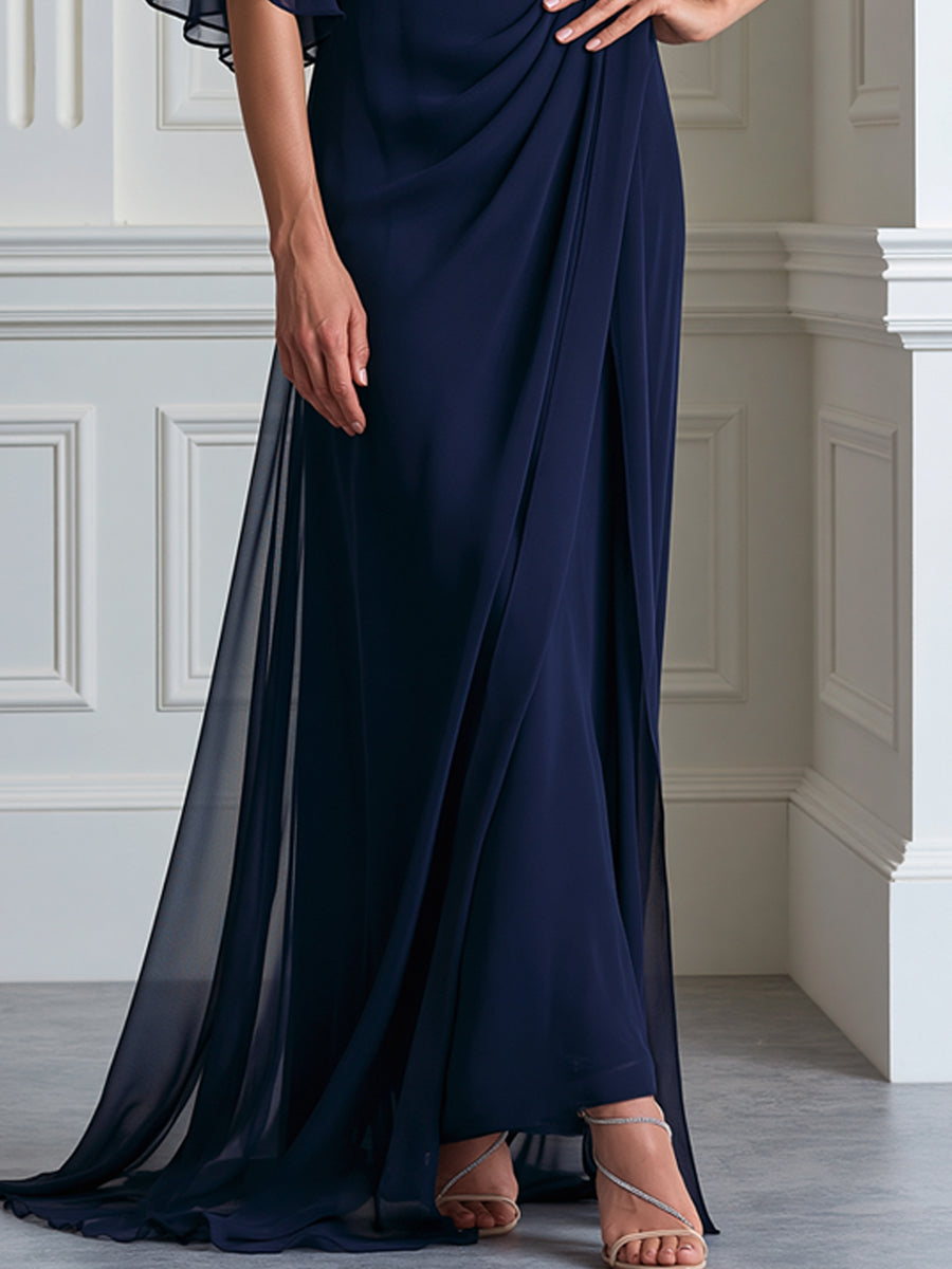 Draped Cowl Neck Flutter Sleeve Maxi Evening Gown
