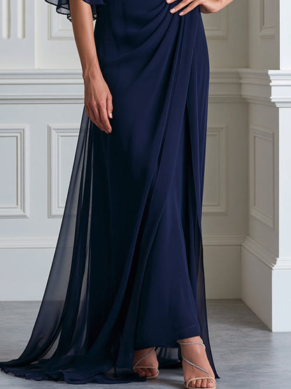 Draped Cowl Neck Flutter Sleeve Maxi Evening Gown