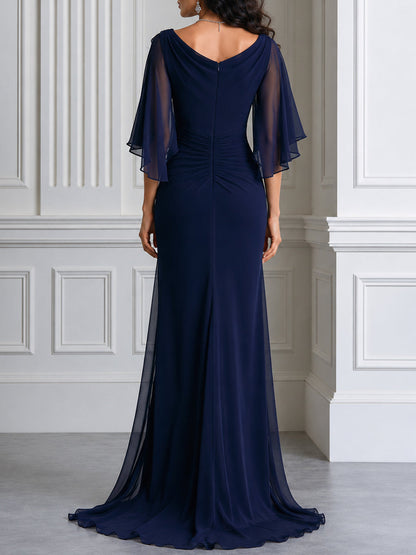 Draped Cowl Neck Flutter Sleeve Maxi Evening Gown