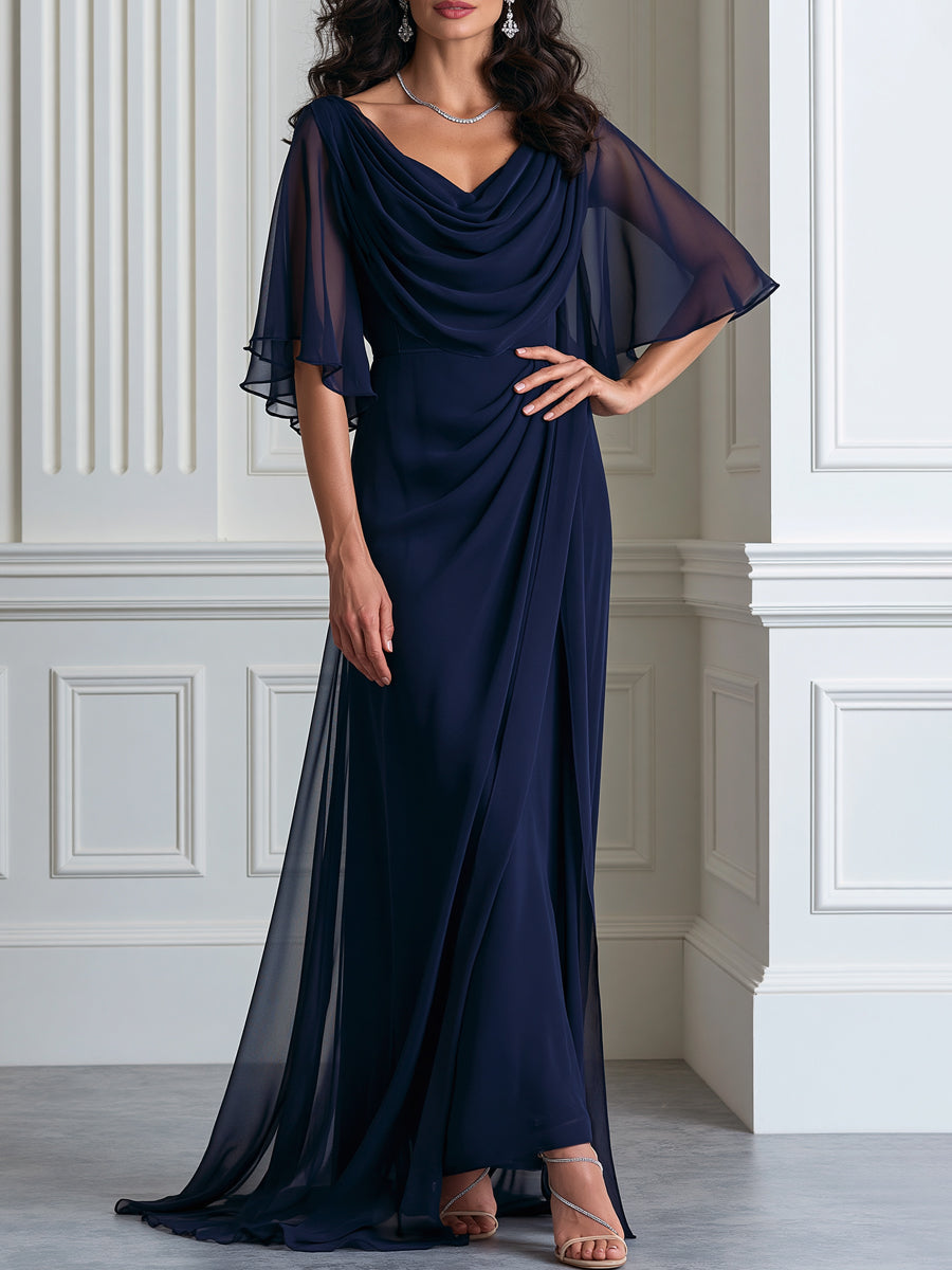 Draped Cowl Neck Flutter Sleeve Maxi Evening Gown