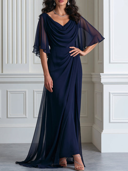 Draped Cowl Neck Flutter Sleeve Maxi Evening Gown