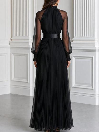 Pleated Sheer Long Sleeve Satin Belt Maxi Evening Dress