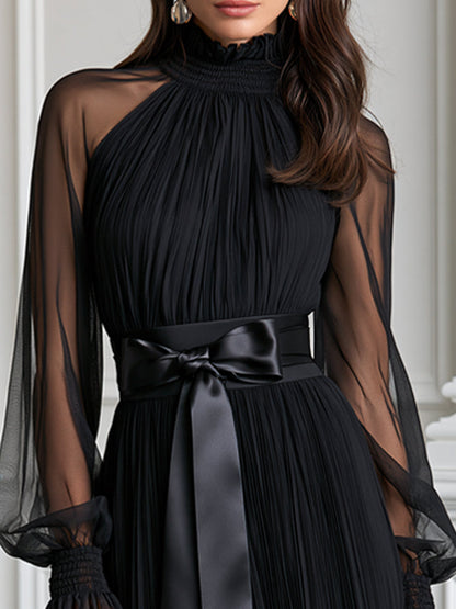 Pleated Sheer Long Sleeve Satin Belt Maxi Evening Dress