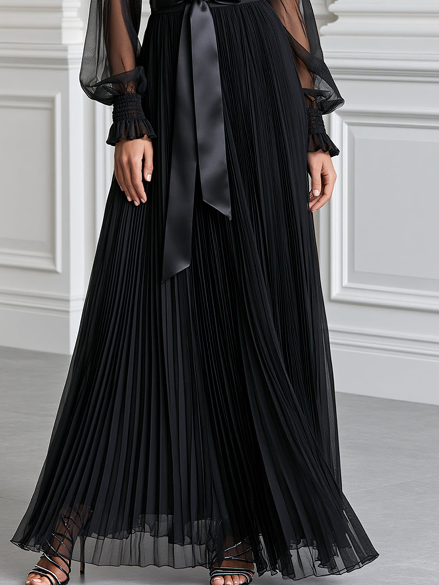 Pleated Sheer Long Sleeve Satin Belt Maxi Evening Dress