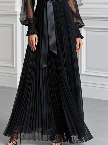 Pleated Sheer Long Sleeve Satin Belt Maxi Evening Dress