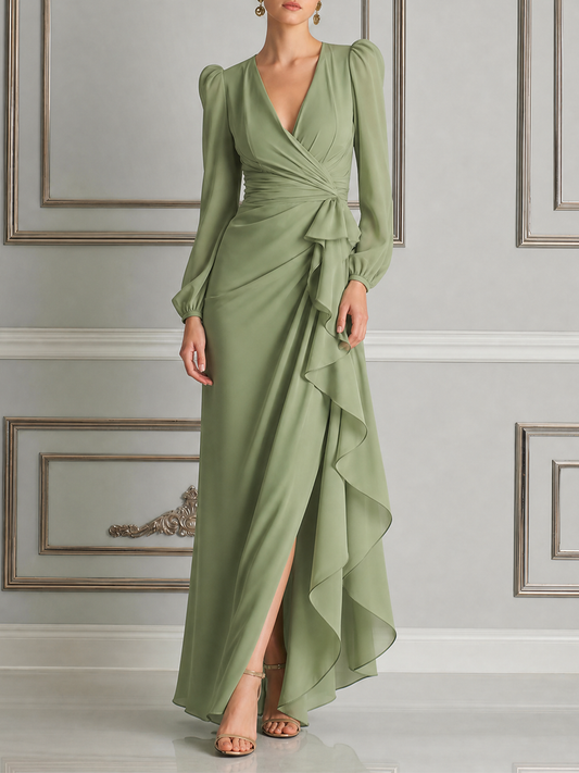 Green Dress Fall Wedding Guest Dress Wrap Ruffle Slit Maxi Dress