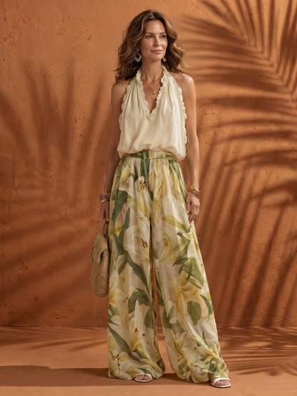 Solange | Halter Neck Blouse Floral Wide Leg Set