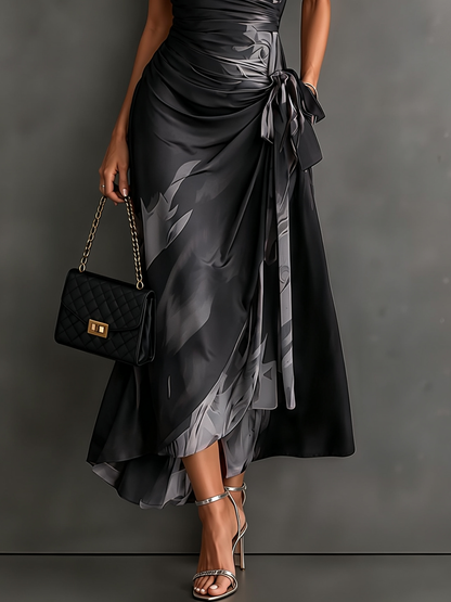 Red Black Abstract Print Wrap Midi Dress