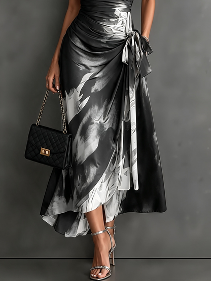 Red Black Abstract Print Wrap Midi Dress
