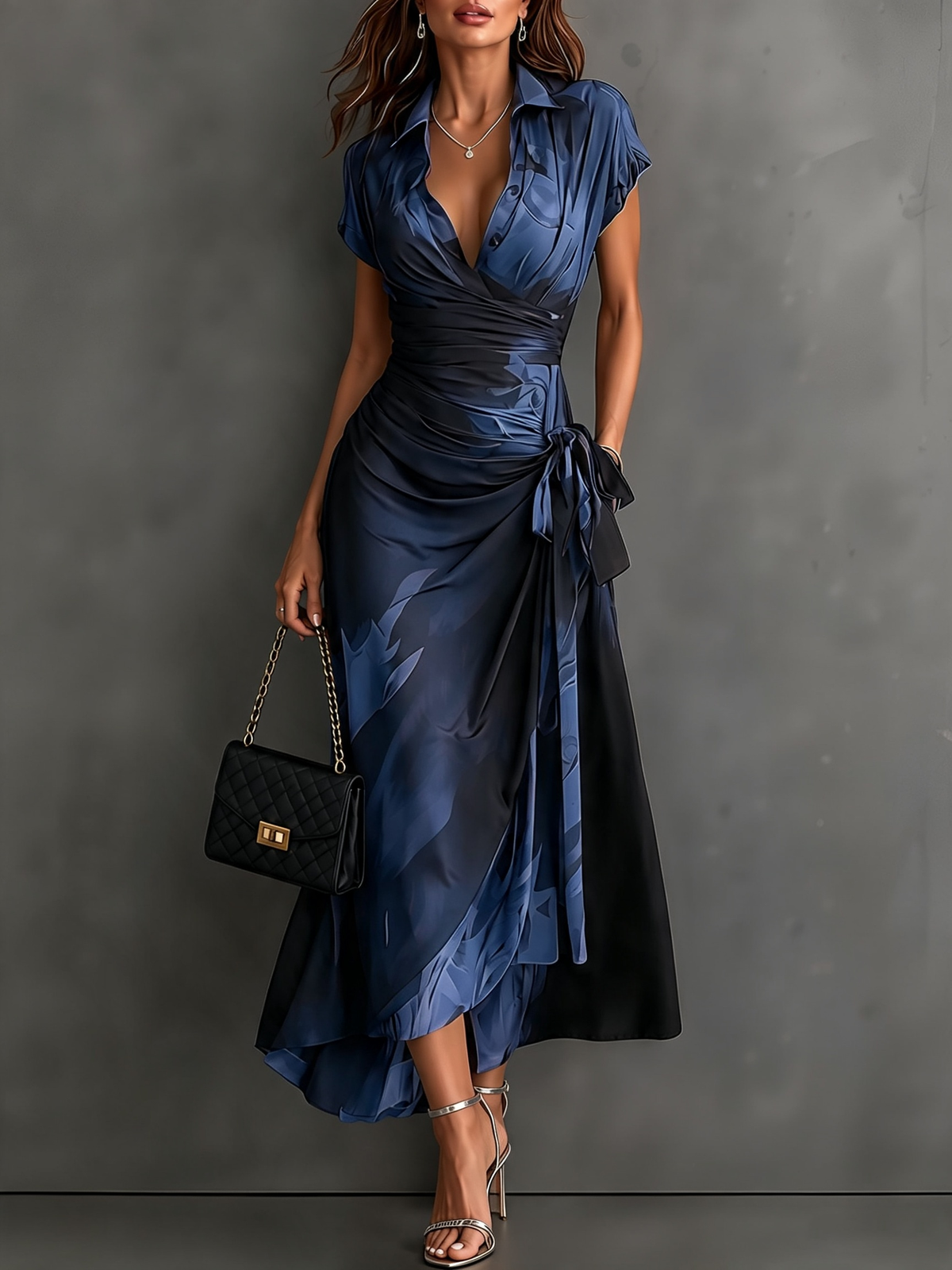 Red Black Abstract Print Wrap Midi Dress