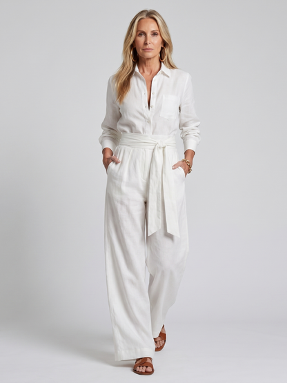 Jovie | Long Sleeve Button Front Wide Leg Jumpsuit