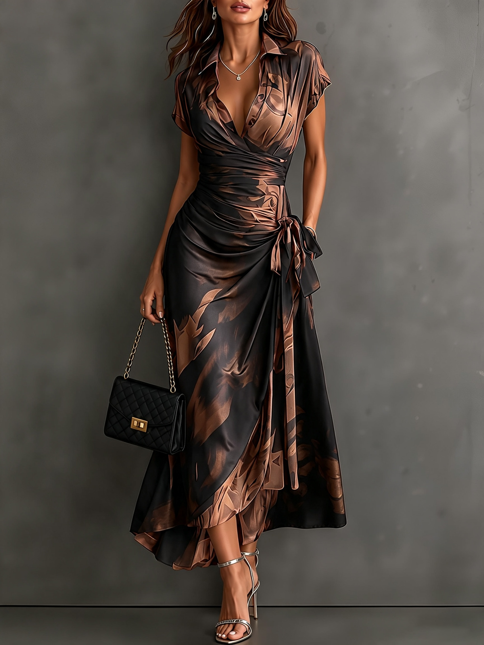 Brown Black Abstract Print Wrap Midi Dress – Ruth & Kate