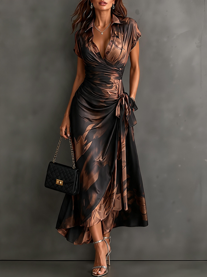 Brown Black Abstract Print Wrap Midi Dress