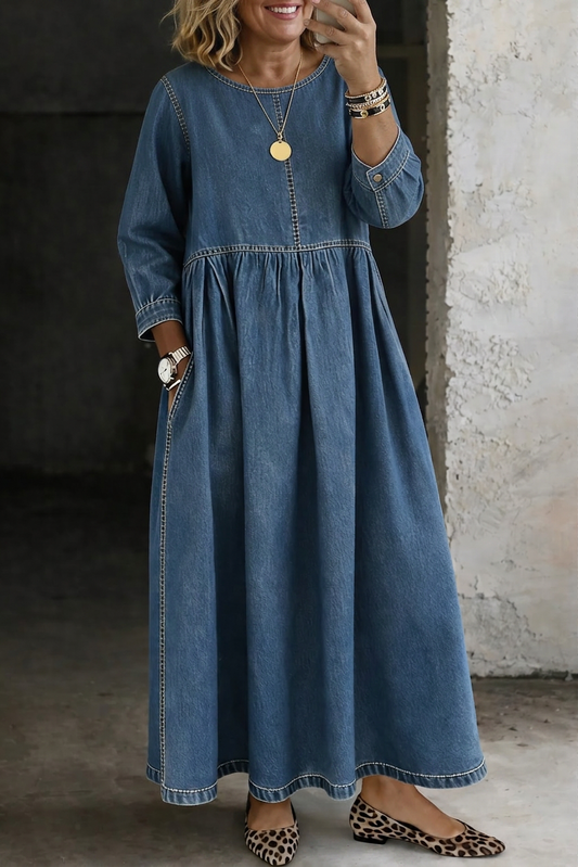 Melissa | Round Neck Long Sleeve Denim Dress