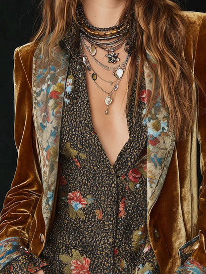 Women’s Vintage Floral Print Patchwork Blazer