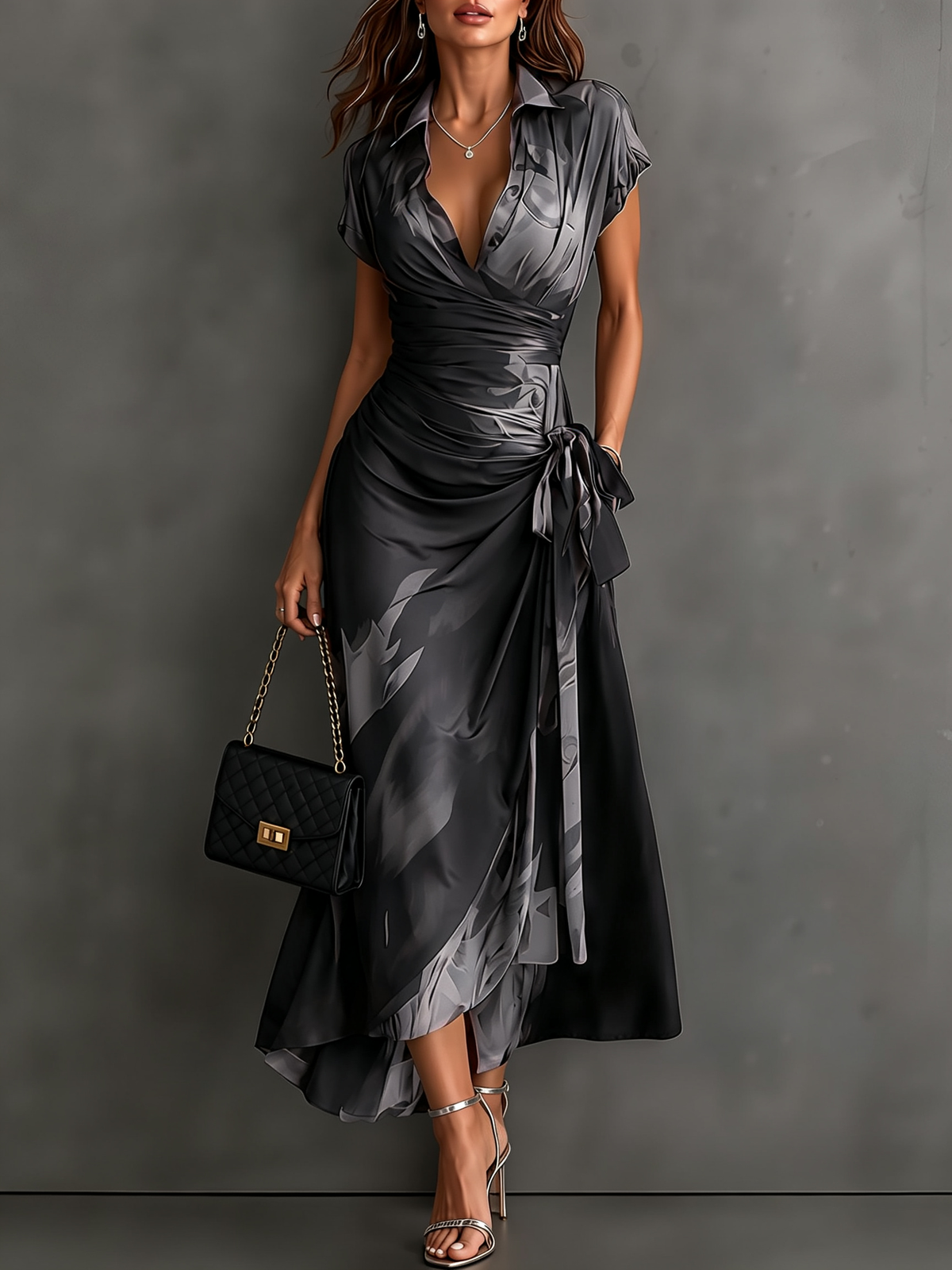 Red Black Abstract Print Wrap Midi Dress