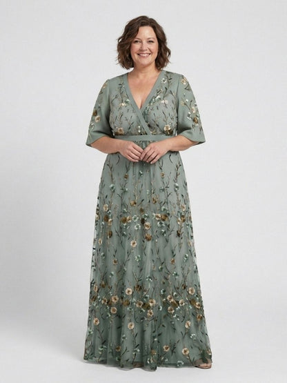 Nadège™ | Floral V Neck Short Sleeve Maxi Dress