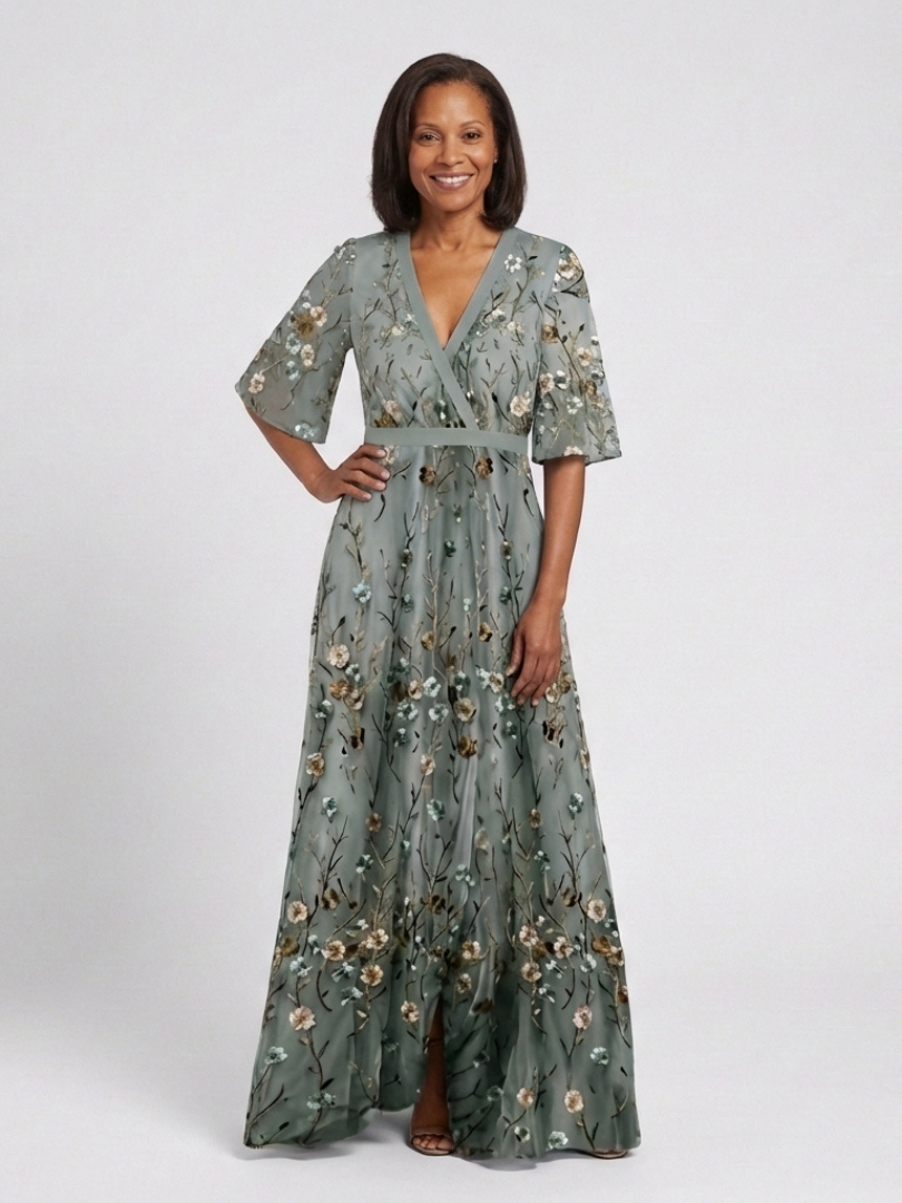 Nadège™ | Floral V Neck Short Sleeve Maxi Dress