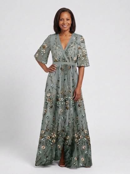 Nadège™ | Floral V Neck Short Sleeve Maxi Dress