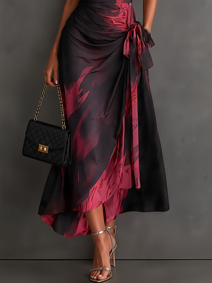 Red Black Abstract Print Wrap Midi Dress