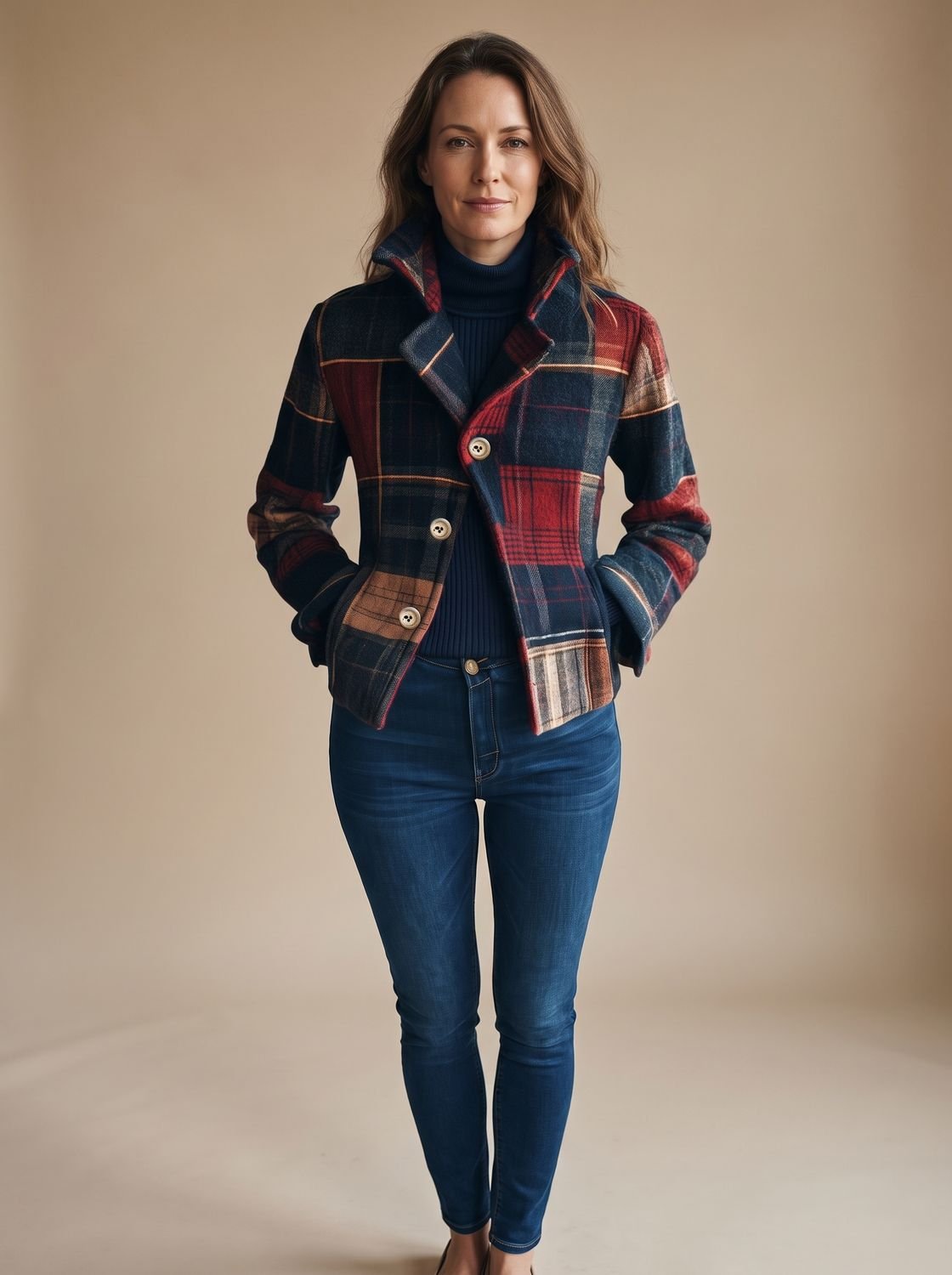 Women's Plaid Double-Button Cropped Winter Coat Jacket